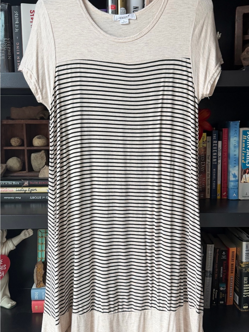Exist Cream and Black Striped Short Sleeve Dress